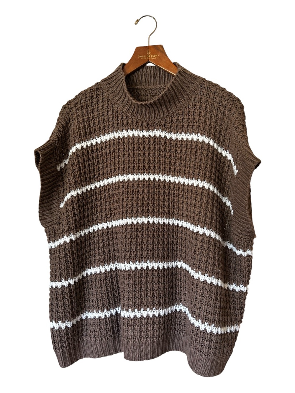 Oversized Knit Batwing Mock Neck Striped Brown Sweater